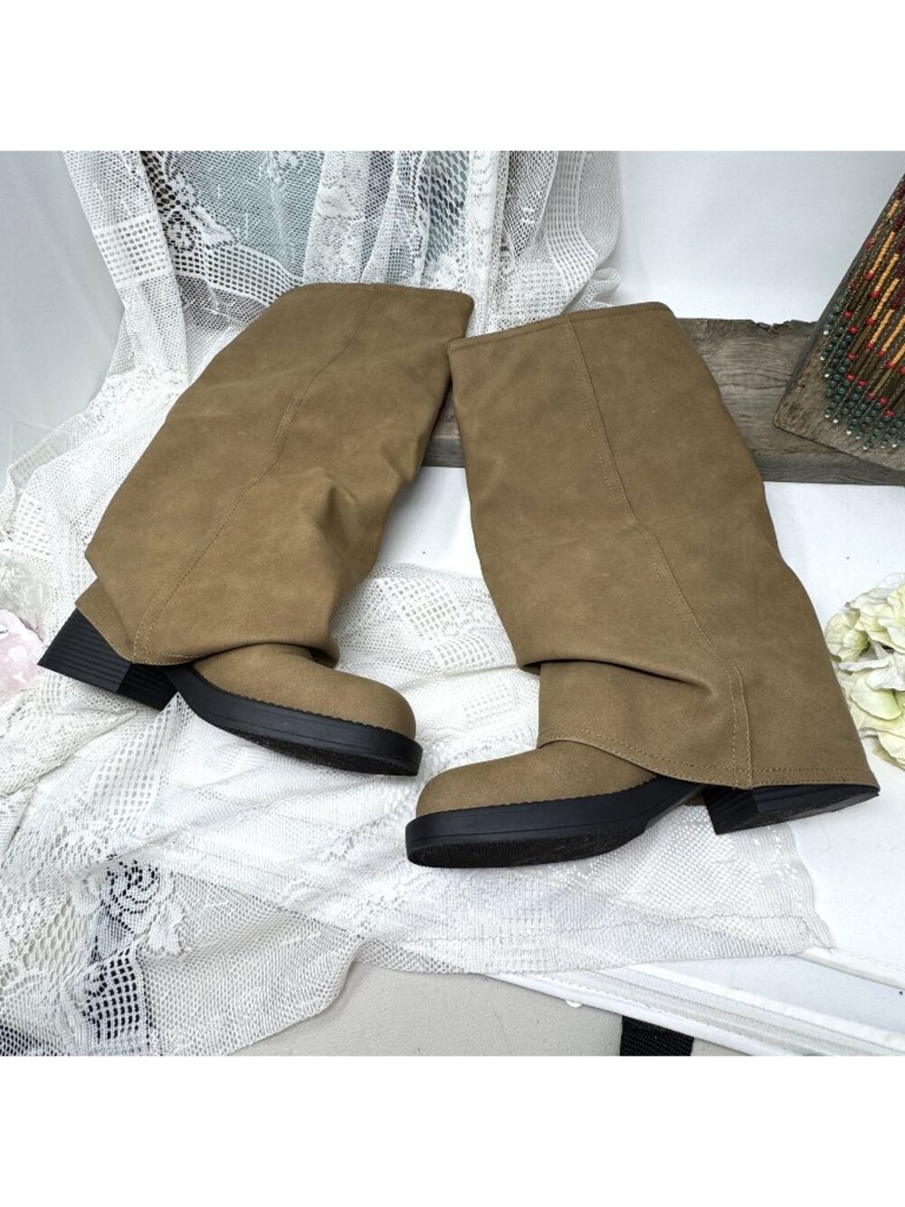 Tan Knee-High Boots With Triple Buckle Straps & Stacked Heels For Women